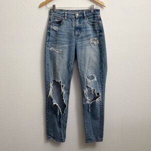 American Eagle AE Mom Jeans Heavy Distressed Denim size 0R
